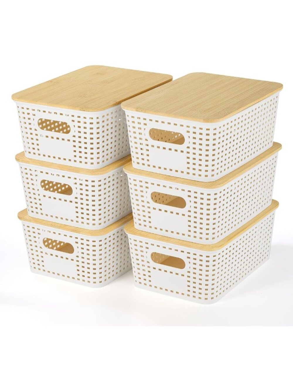 Stackable Plastic Storage Baskets with Bamboo Lids - 6 Pack for Organizing Home